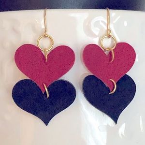 New Faux Leather Hand Crafted Earrings Red and Black Hearts Love Fun Dangle Gift